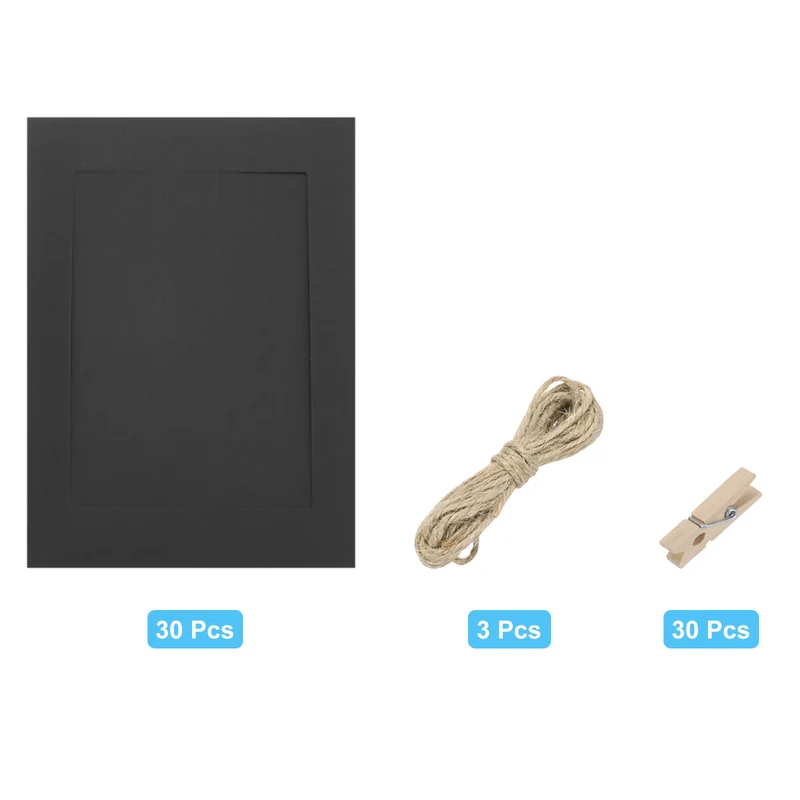 30PCS Paper Photo Frame, 7 x 5 Inch Cardboard Picture Frames with Clips & Strings DIY Photo Hanging Display for Home Office Decor, Black