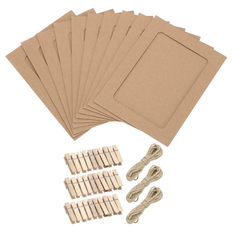 30PCS Paper Photo Frame, 5 x 4 Inch Cardboard Picture Frames with Clips & Strings DIY Photo Hanging Display for Home Office Decor, Brown