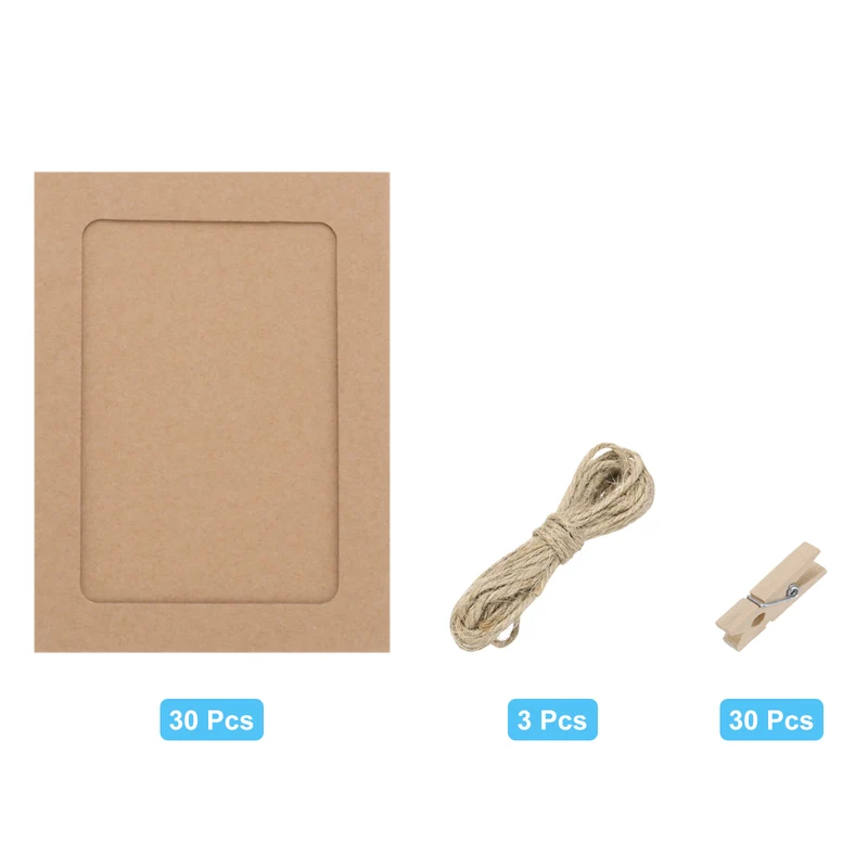30PCS Paper Photo Frame, 5 x 4 Inch Cardboard Picture Frames with Clips & Strings DIY Photo Hanging Display for Home Office Decor, Brown