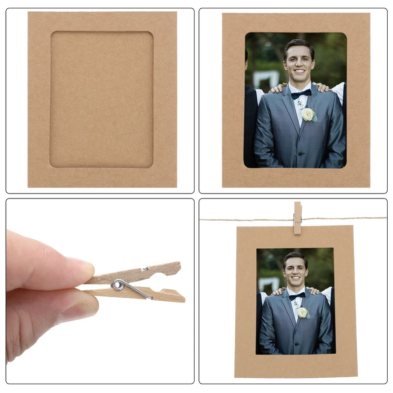 30PCS Paper Photo Frame, 5 x 4 Inch Cardboard Picture Frames with Clips & Strings DIY Photo Hanging Display for Home Office Decor, Brown