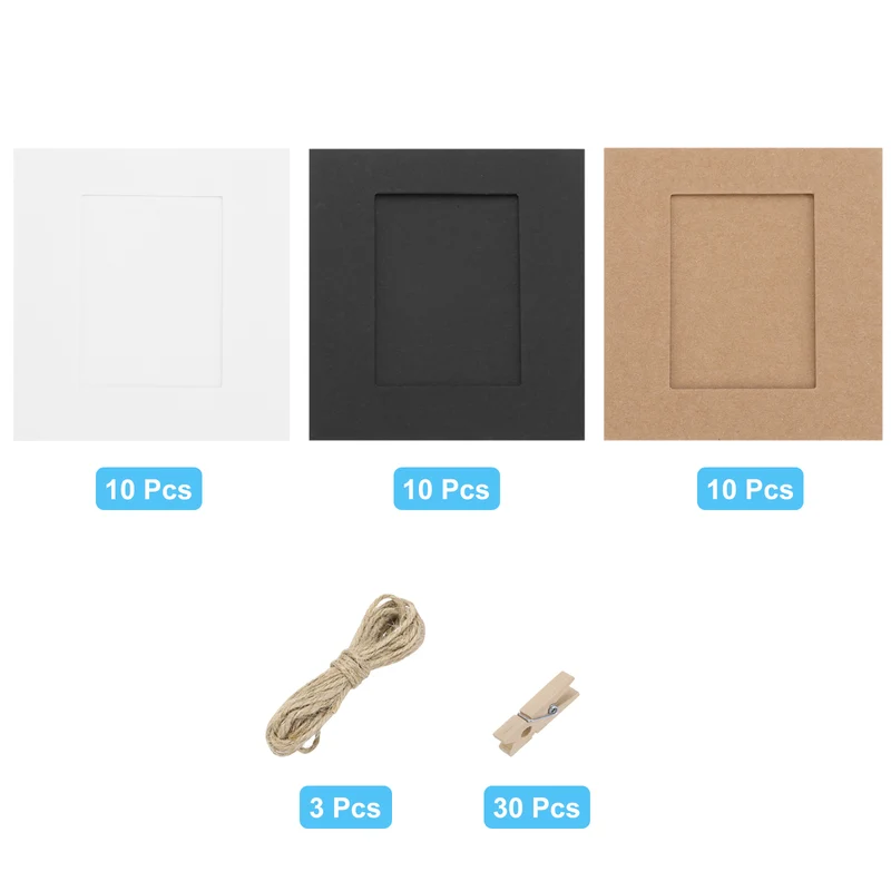 30PCS 4 x 4 Inch Paper Photo Frames with Clips & Strings, 3 Assorted Color