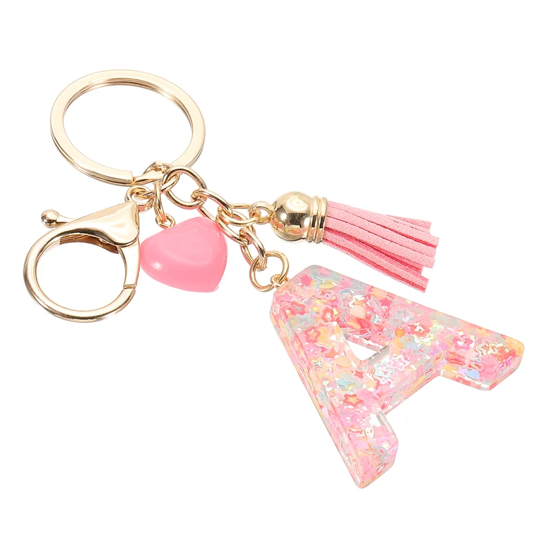 Initial Letter Keychain, Letter A Heart Design Charm with Tassels, Pink