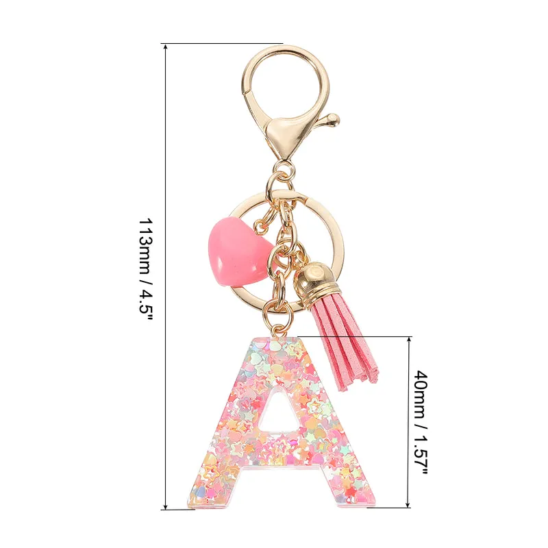 Initial Letter Keychain, Letter A Heart Design Charm with Tassels, Pink
