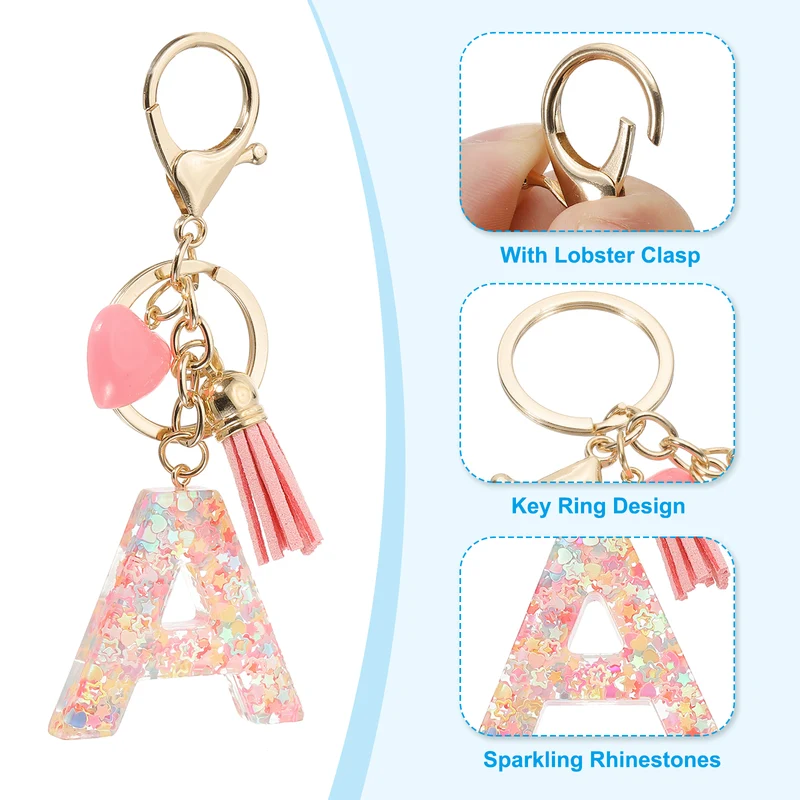 Initial Letter Keychain, Letter A Heart Design Charm with Tassels, Pink