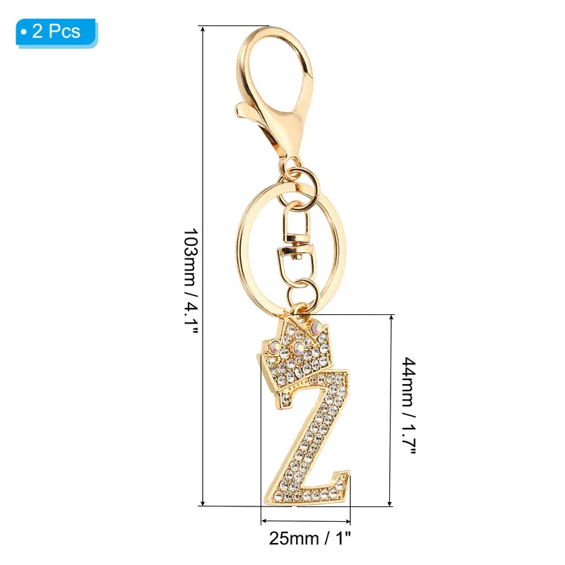 Initial Letter Keychain, 2 Pcs Letter Z Crown Design Charm, Gold Tone