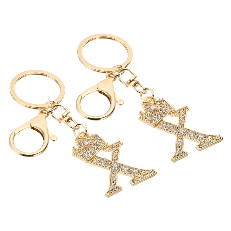 Initial Letter Keychain, 2 Pcs Letter x Crown Design Charm, Gold Tone