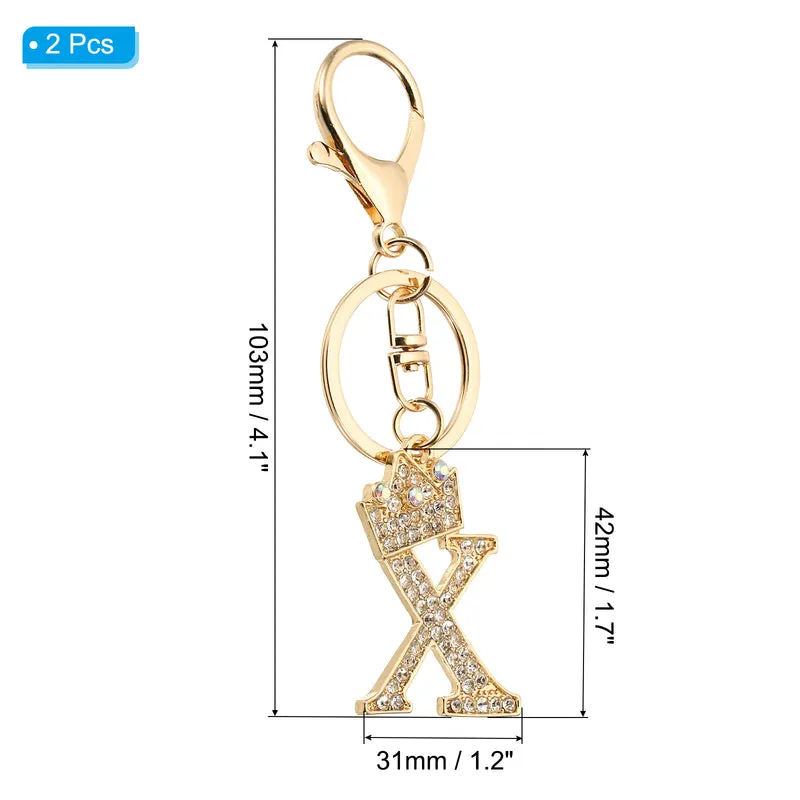 Initial Letter Keychain, 2 Pcs Letter x Crown Design Charm, Gold Tone