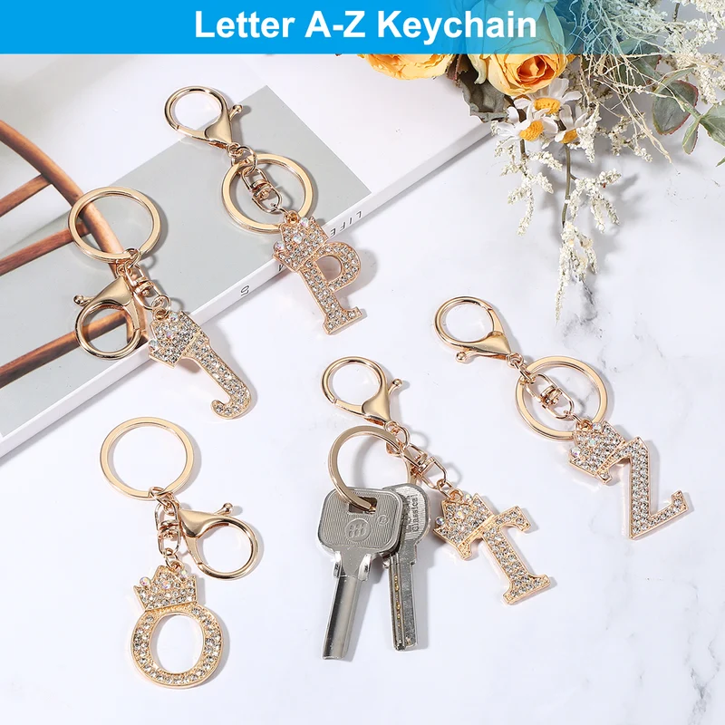 Initial Letter Keychain, 2 Pcs Letter x Crown Design Charm, Gold Tone