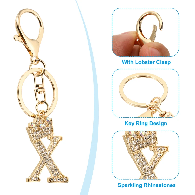 Initial Letter Keychain, 2 Pcs Letter x Crown Design Charm, Gold Tone