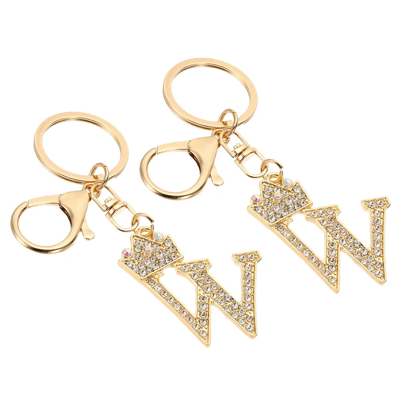 Initial Letter Keychain, 2 Pcs Letter W Crown Design Charm, Gold Tone