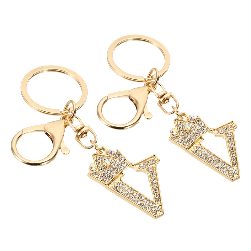 Initial Letter Keychain, 2 Pcs Letter V Crown Design Charm, Gold Tone