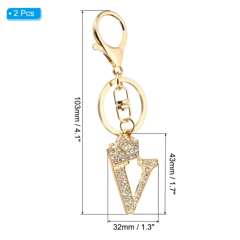 Initial Letter Keychain, 2 Pcs Letter V Crown Design Charm, Gold Tone
