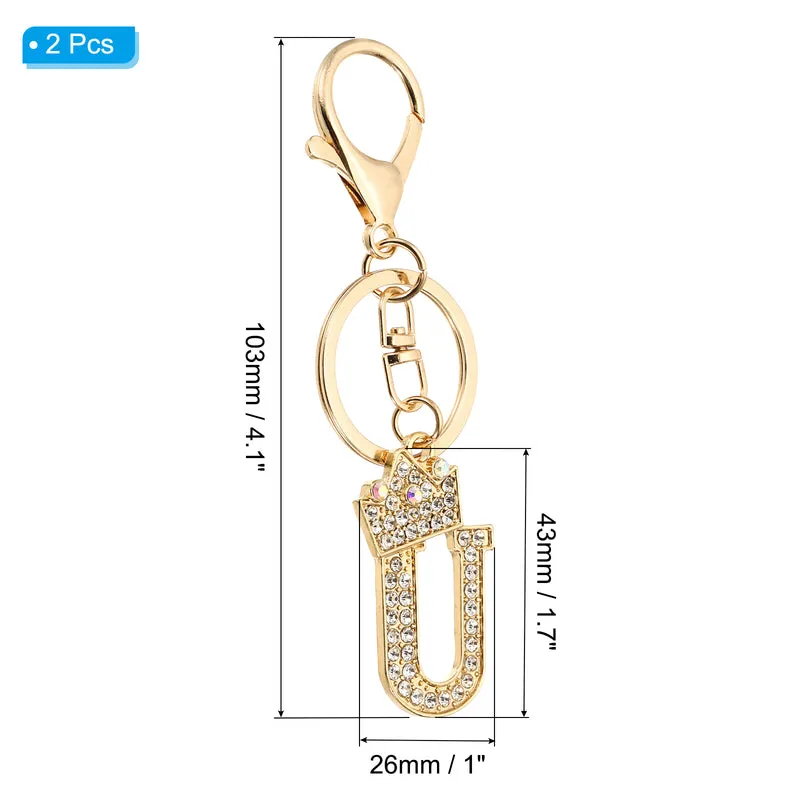 Initial Letter Keychain, 2 Pcs Letter U Crown Design Charm, Gold Tone