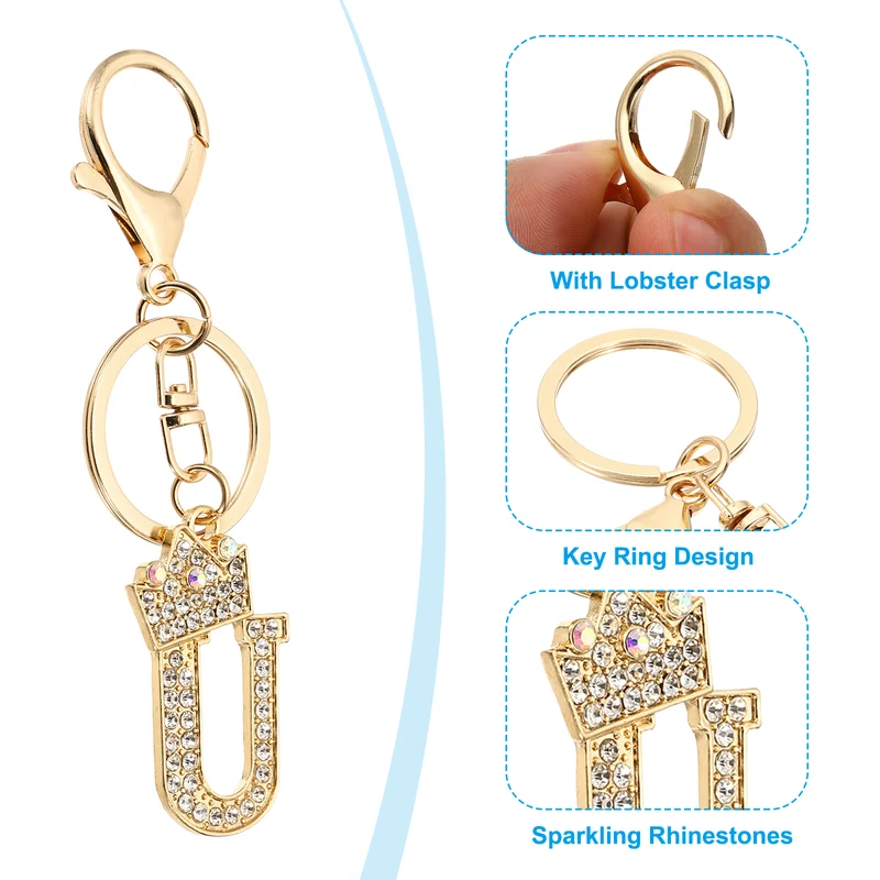 Initial Letter Keychain, 2 Pcs Letter U Crown Design Charm, Gold Tone