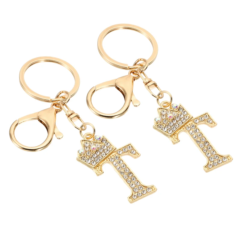Initial Letter Keychain, 2 Pcs Letter t Crown Design Charm, Gold Tone
