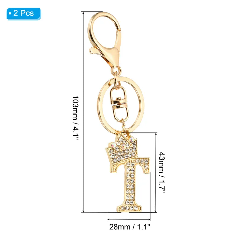 Initial Letter Keychain, 2 Pcs Letter t Crown Design Charm, Gold Tone
