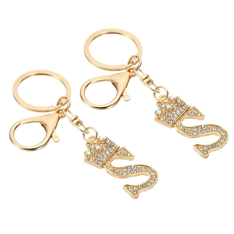 Initial Letter Keychain, 2 Pcs Letter S Crown Design Charm, Gold Tone