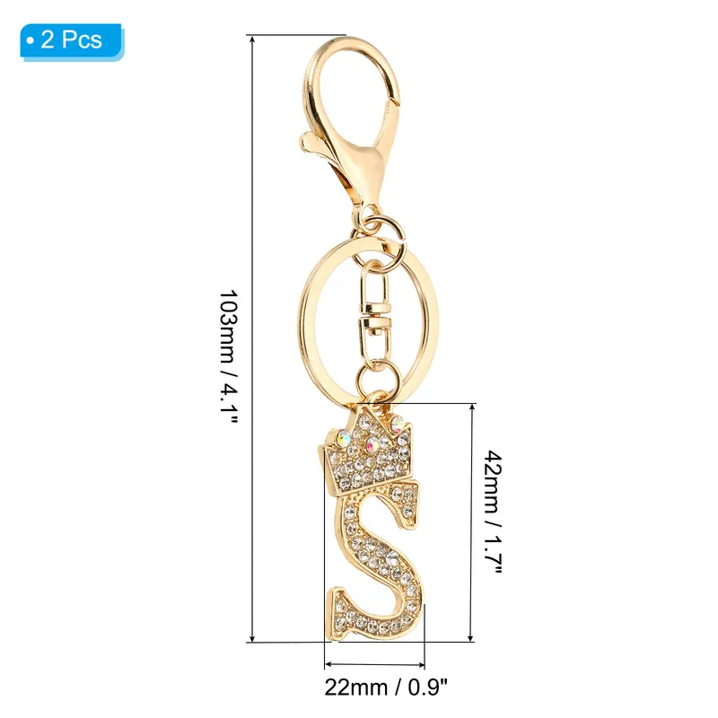 Initial Letter Keychain, 2 Pcs Letter S Crown Design Charm, Gold Tone