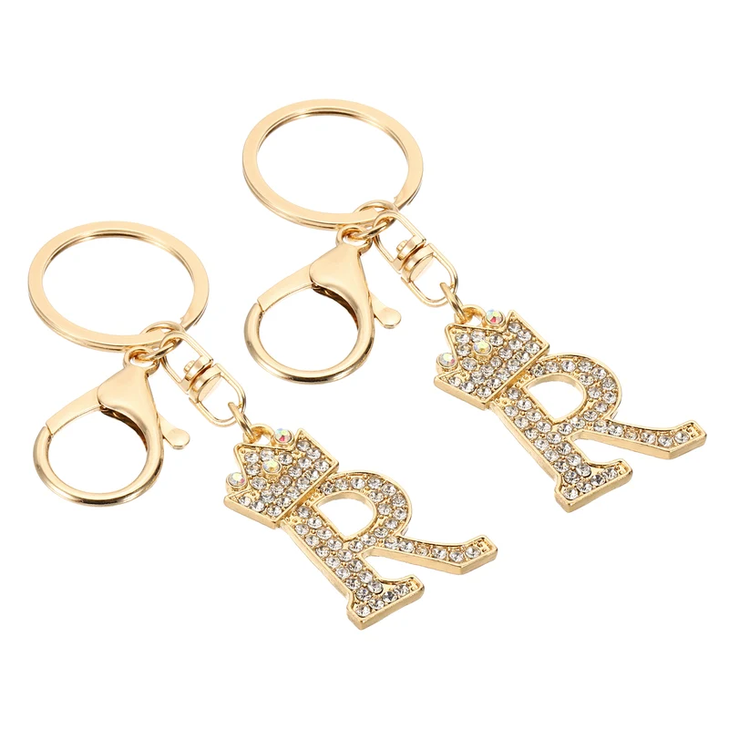 Initial Letter Keychain, 2 Pcs Letter R Crown Design Charm, Gold Tone