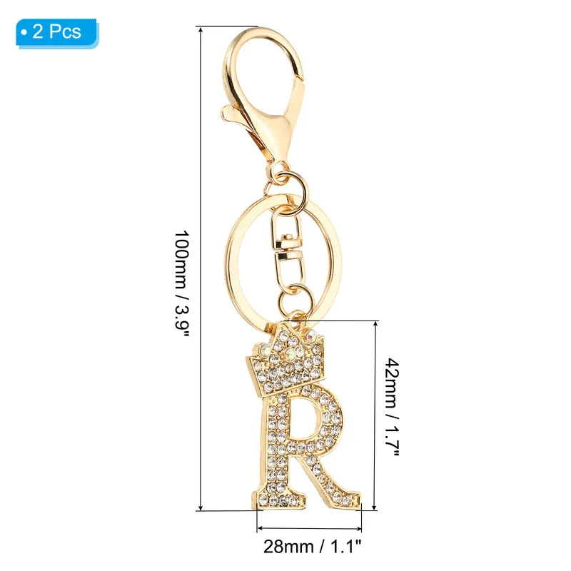 Initial Letter Keychain, 2 Pcs Letter R Crown Design Charm, Gold Tone