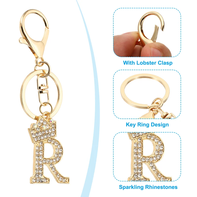 Initial Letter Keychain, 2 Pcs Letter R Crown Design Charm, Gold Tone