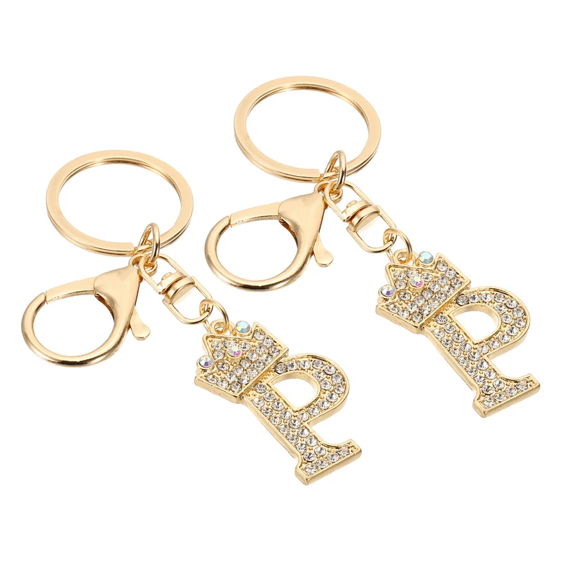 Initial Letter Keychain, 2 Pcs Letter P Crown Design Charm, Gold Tone