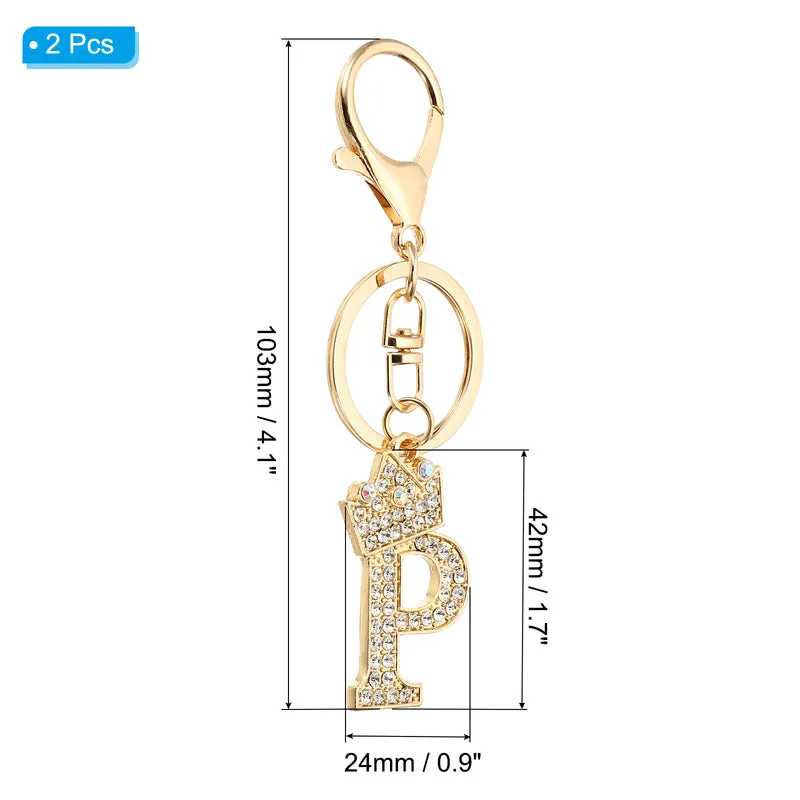 Initial Letter Keychain, 2 Pcs Letter P Crown Design Charm, Gold Tone