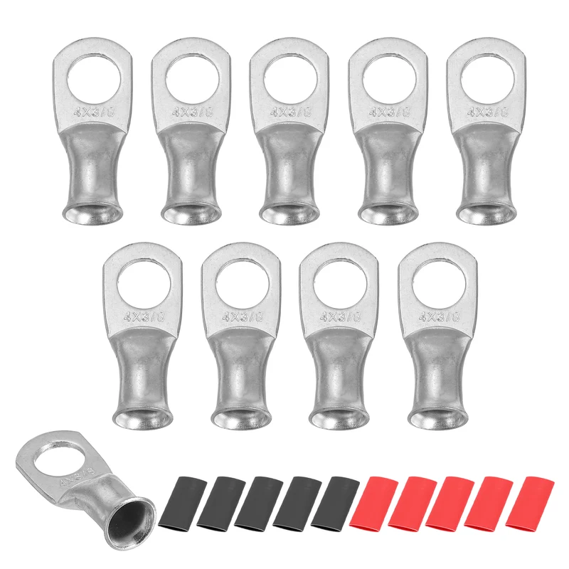 10 Pcs 3/8" Stud 4AWG Battery Lug Ring Terminal with 10pcs Heat Shrink, Silver