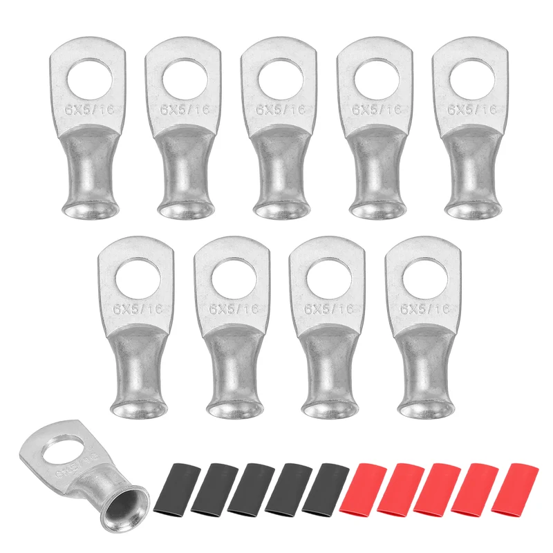 10 Pcs 5/16" Stud 6AWG Battery Lug Ring Terminal with 10pcs Heat Shrink, Silver
