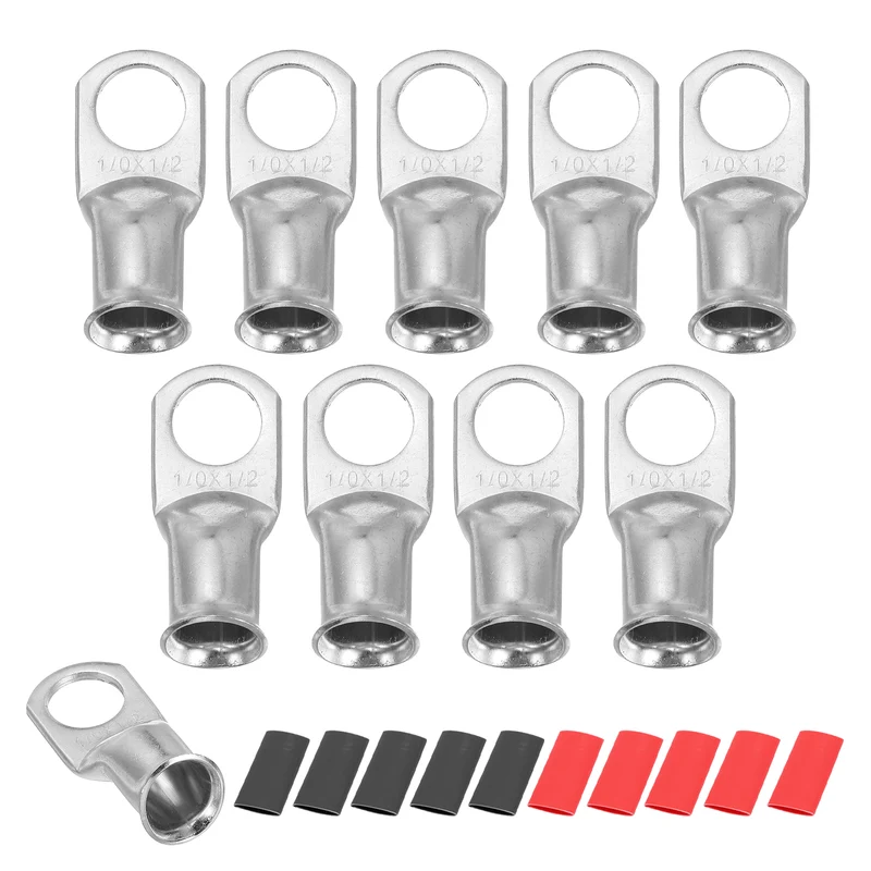 10 Pcs 1/2" Stud 1/0AWG Battery Lug Ring Terminal with 10pcs Heat Shrink, Silver