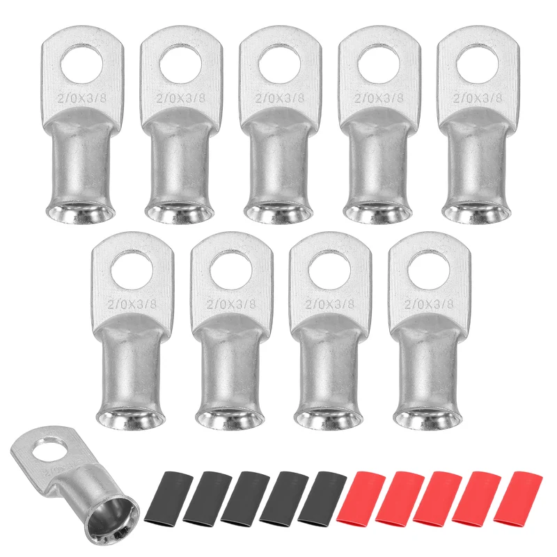 10 Pcs 3/8" Stud 2/0AWG Battery Lug Ring Terminal with 10pcs Heat Shrink, Silver