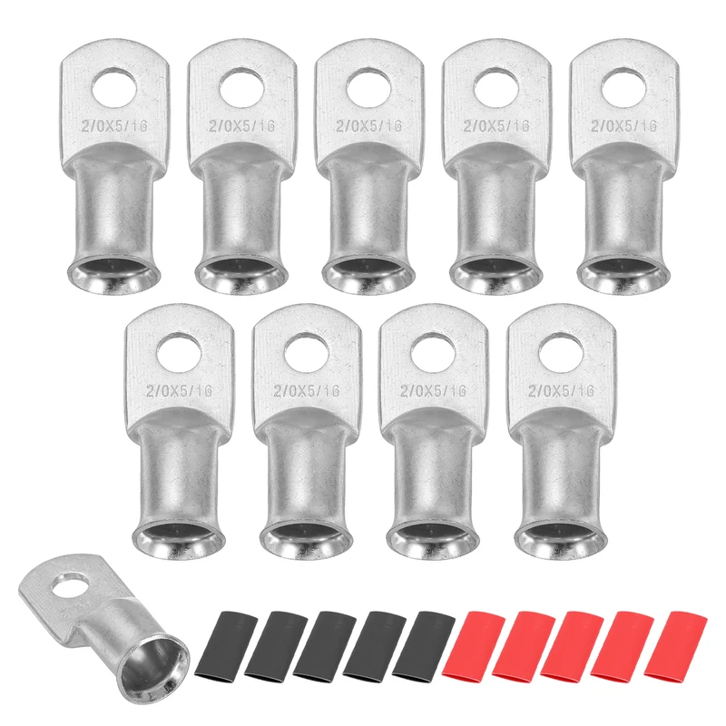10 Pcs 5/16" Stud 2/0AWG Battery Lug Ring Terminal with 10pcs Heat Shrink,Silver