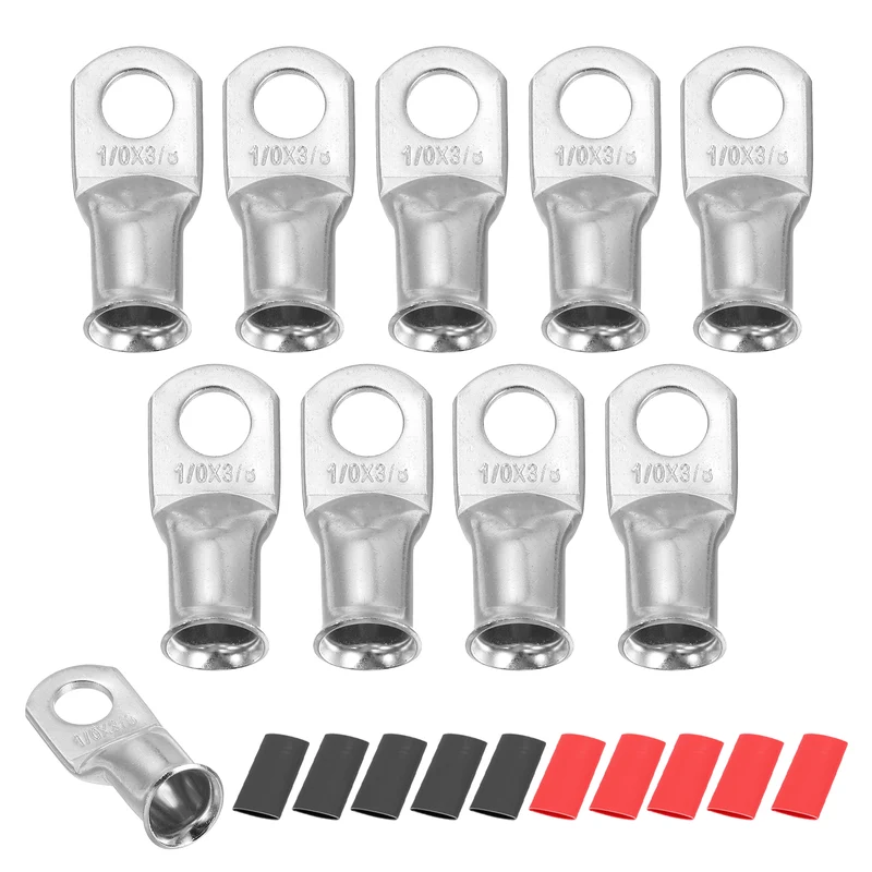 10 Pcs 3/8" Stud 1/0AWG Battery Lug Ring Terminal with 10pcs Heat Shrink, Silver