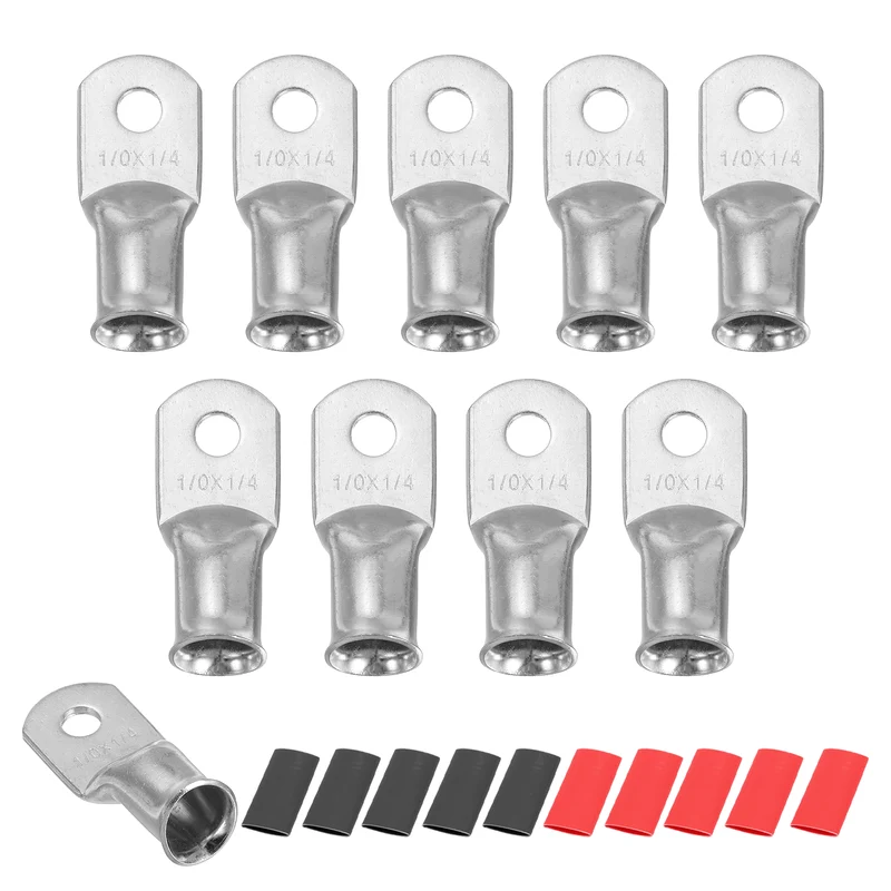 10 Pcs 1/4" Stud 1/0AWG Battery Lug Ring Terminal with 10pcs Heat Shrink, Silver