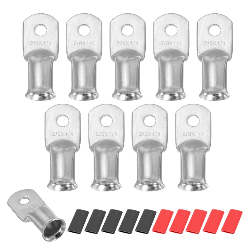 10 Pcs 1/4" Stud 2/0AWG Battery Lug Ring Terminal with 10pcs Heat Shrink, Silver