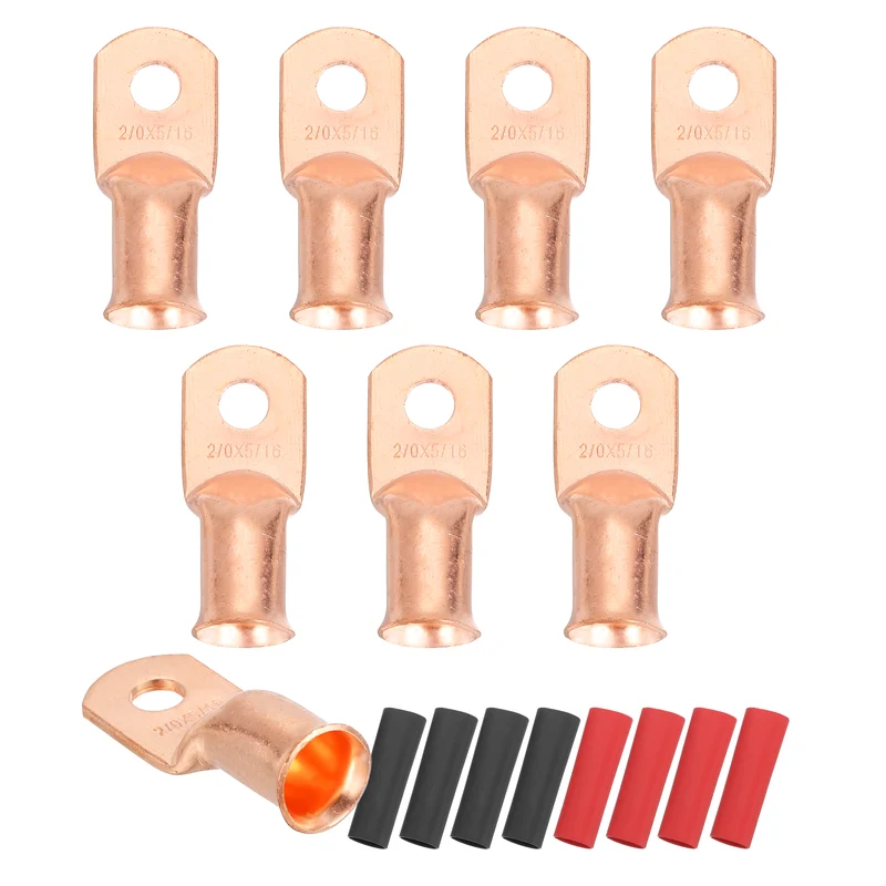 8 Pcs 5/16" Stud 2/0AWG Battery Cable End with 8pcs 2:1 Heat Shrink, Gold