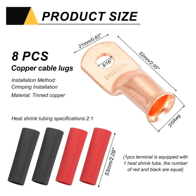 8 Pcs 5/16" Stud 2/0AWG Battery Cable End with 8pcs 2:1 Heat Shrink, Gold