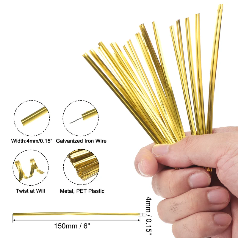 300 Pcs 6" Metal Twist Ties for Bread Candy Treat Bag, Gold