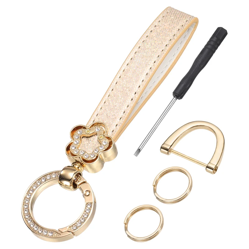 Leather Wristlet Keychain, 5.5" Car Key Chain with Key Ring and D Ring, Beige