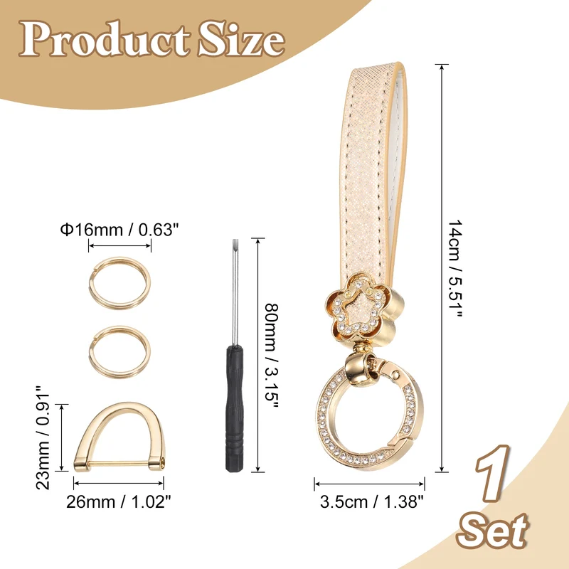Leather Wristlet Keychain, 5.5" Car Key Chain with Key Ring and D Ring, Beige