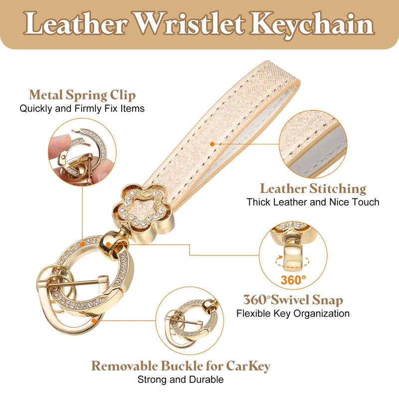 Leather Wristlet Keychain, 5.5" Car Key Chain with Key Ring and D Ring, Beige