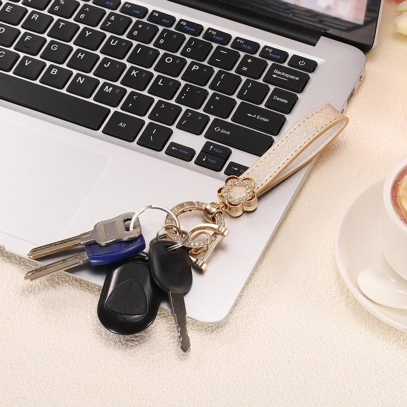 Leather Wristlet Keychain, 5.5" Car Key Chain with Key Ring and D Ring, Beige