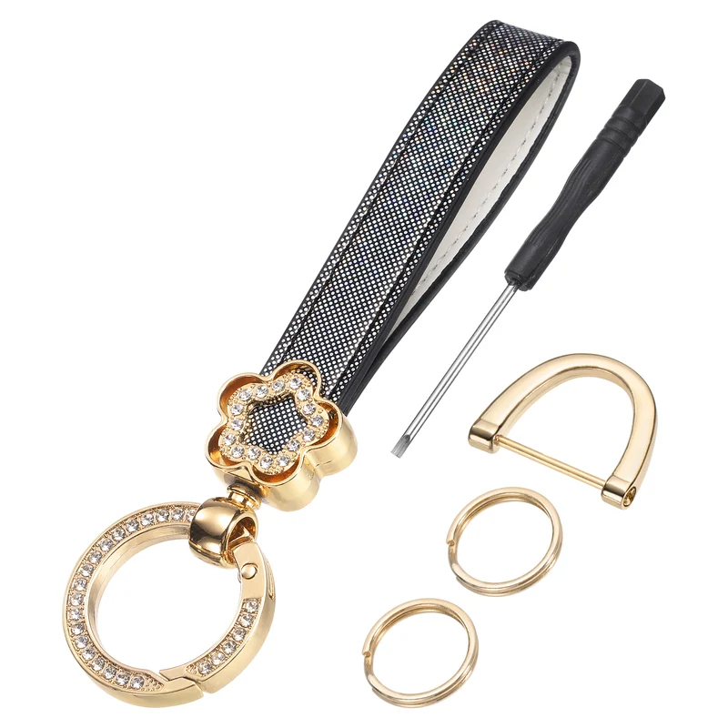 Leather Wristlet Keychain, 5.5" Car Key Chain with Key Ring and D Ring, Black