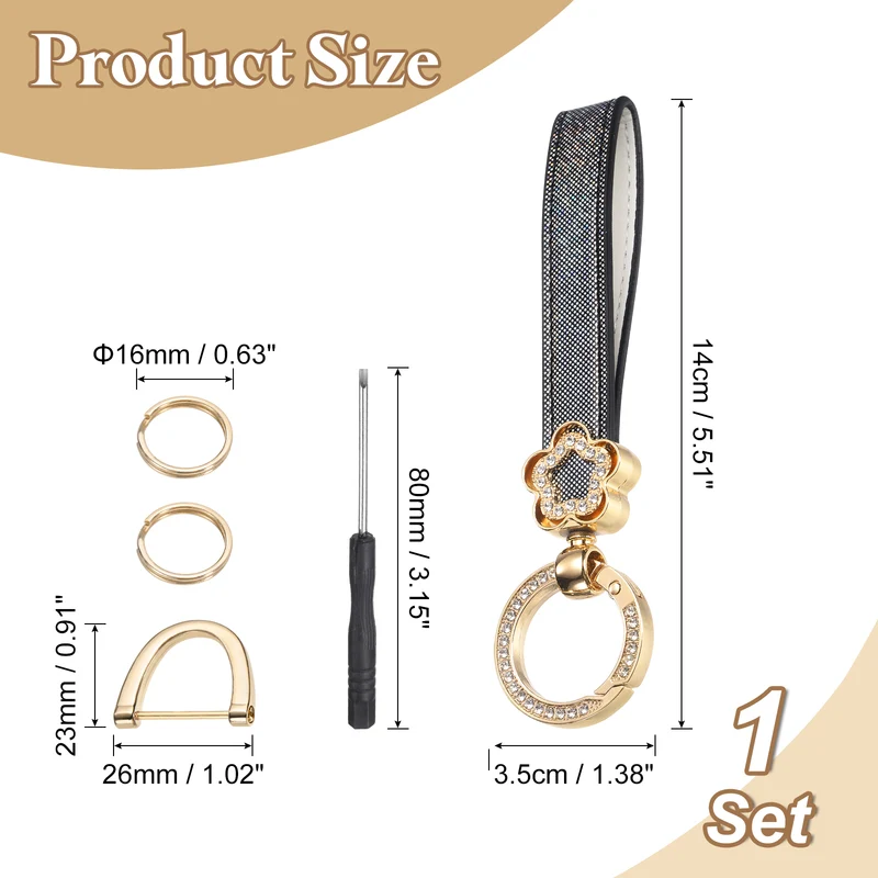 Leather Wristlet Keychain, 5.5" Car Key Chain with Key Ring and D Ring, Black