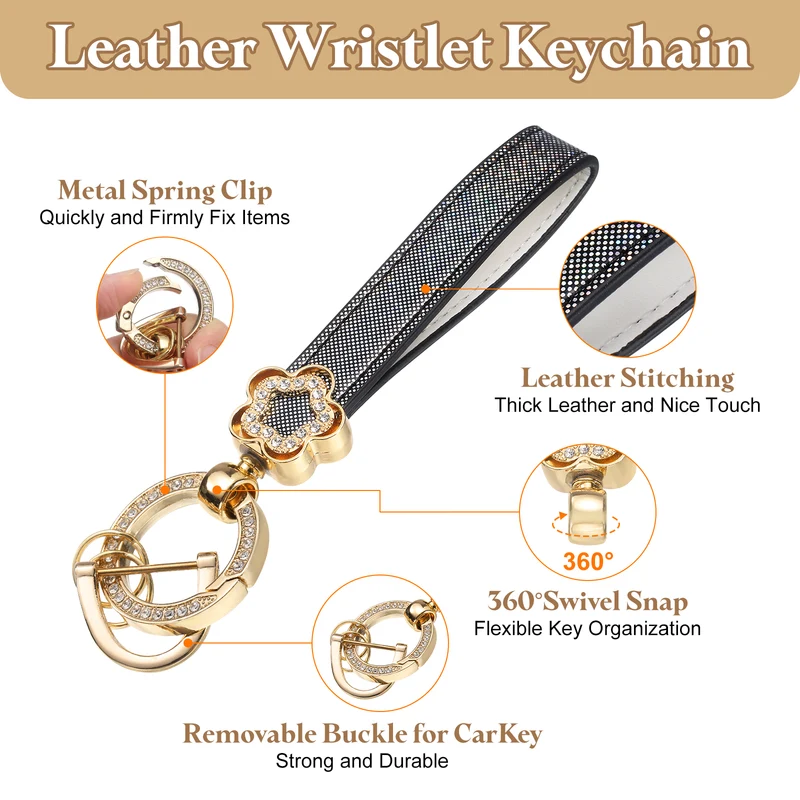 Leather Wristlet Keychain, 5.5" Car Key Chain with Key Ring and D Ring, Black