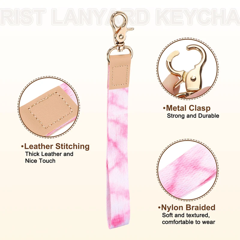 Wrist Lanyard Keychain, Braided Wristlet Strap with Gold Clasp, Pink White