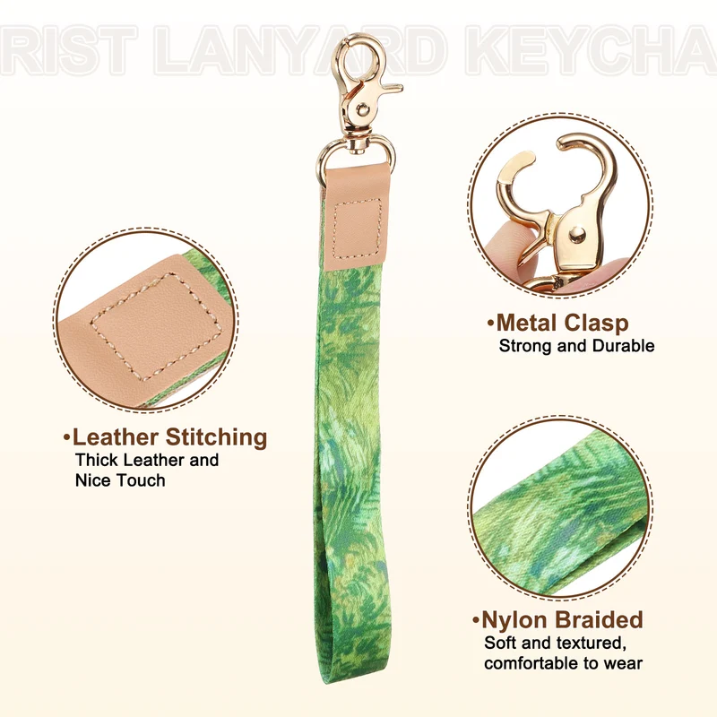 Wrist Lanyard Keychain, Braided Wristlet Strap with Gold Clasp, Leaves
