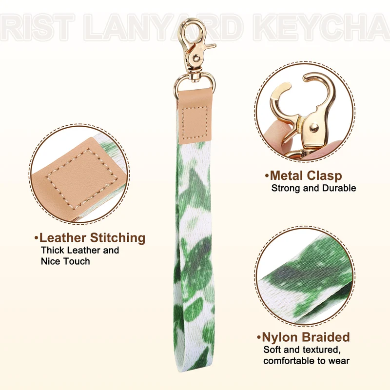 Wrist Lanyard Keychain, Braided Wristlet Strap with Gold Clasp, Green Cactus