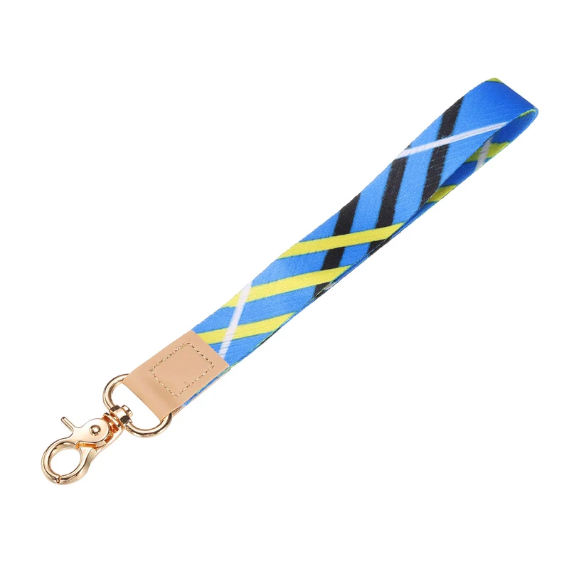 Wrist Lanyard Keychain, Braided Wristlet Strap with Gold Clasp, Blue Lines