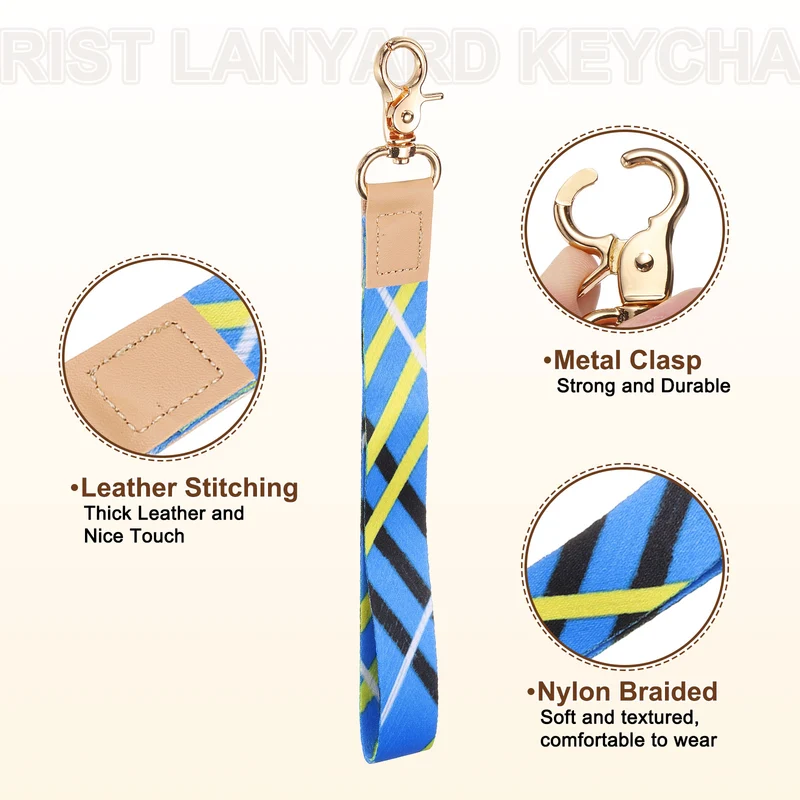 Wrist Lanyard Keychain, Braided Wristlet Strap with Gold Clasp, Blue Lines